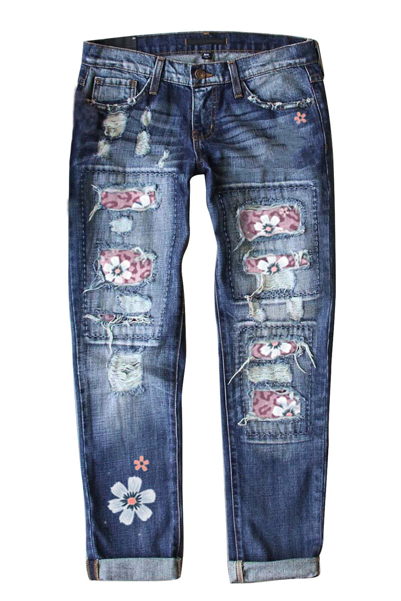 Sky Blue Floral Leopard Print Patchwork Distressed High Waist Jeans