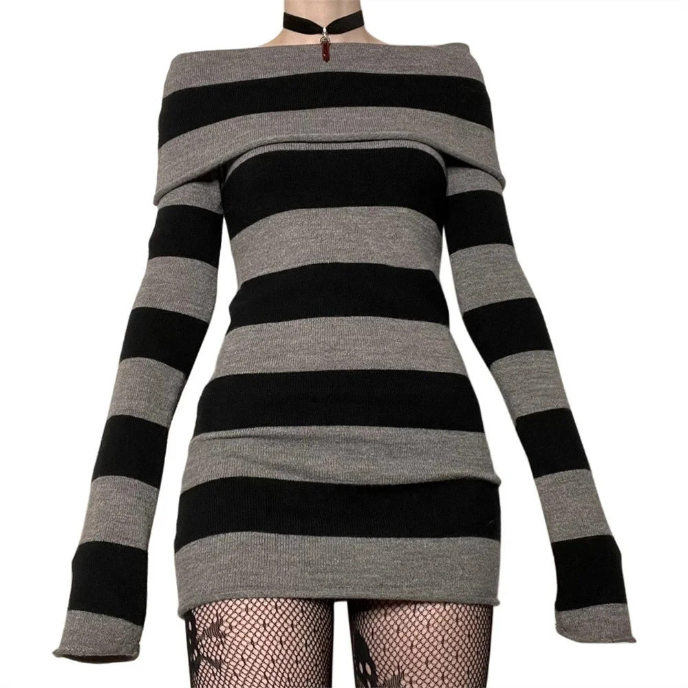 Women Autumn Dress Striped Boat-Neck Long Sleeve Bodycon Short Dress Y2K Gothic Wrapped Hip Party Dresses