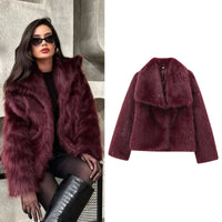 HXAO Women's Fur Coat Women 2024 Plush Burgundy Bomber Jacket Solid Crop Long Sleeve Jacket Warm Winter Coats Woman Casual Coats