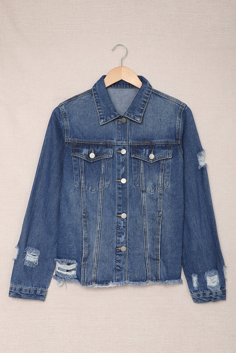 Blank Apparel - Blue Lapel Distressed Raw Hem Buttons Denim Jacket