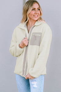 White Chest Pocket Full Zipper Fuzzy Fleece Jacket