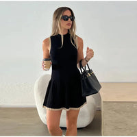 Women's Sexy Color Blocking Knitted O-neck Mini Dress Elegant Sleeveless High Waist Pleated Dresses Lady High Streetwear Robes