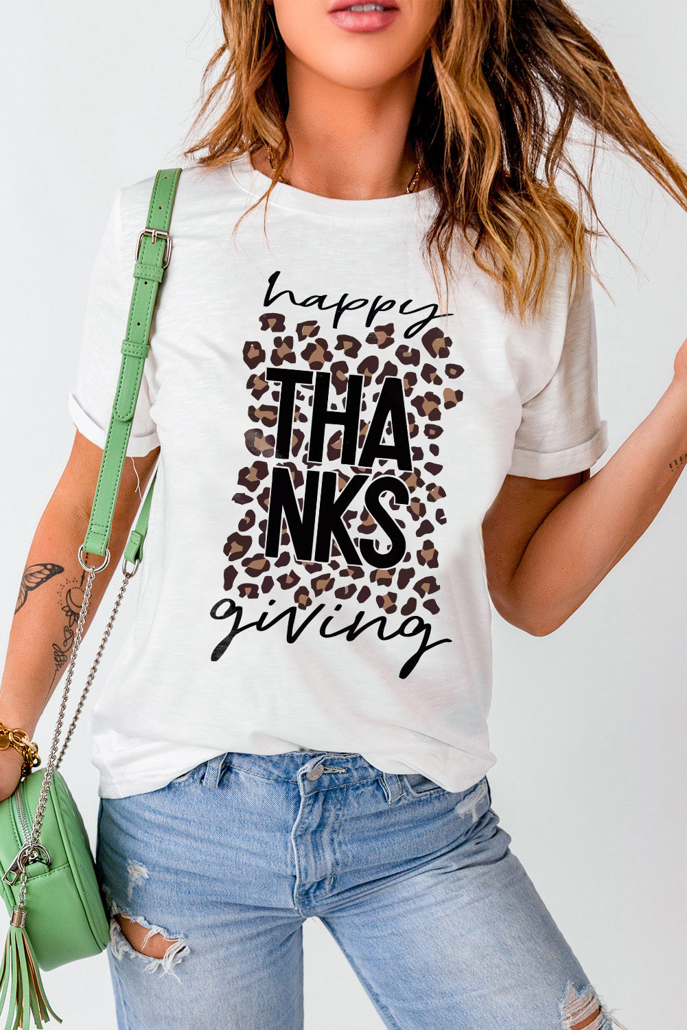 White Happy THANKS Giving Leopard Print Graphic T Shirt