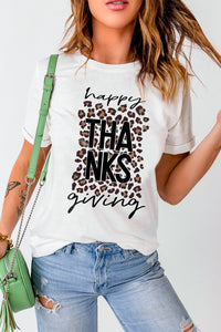 White Happy THANKS Giving Leopard Print Graphic T Shirt