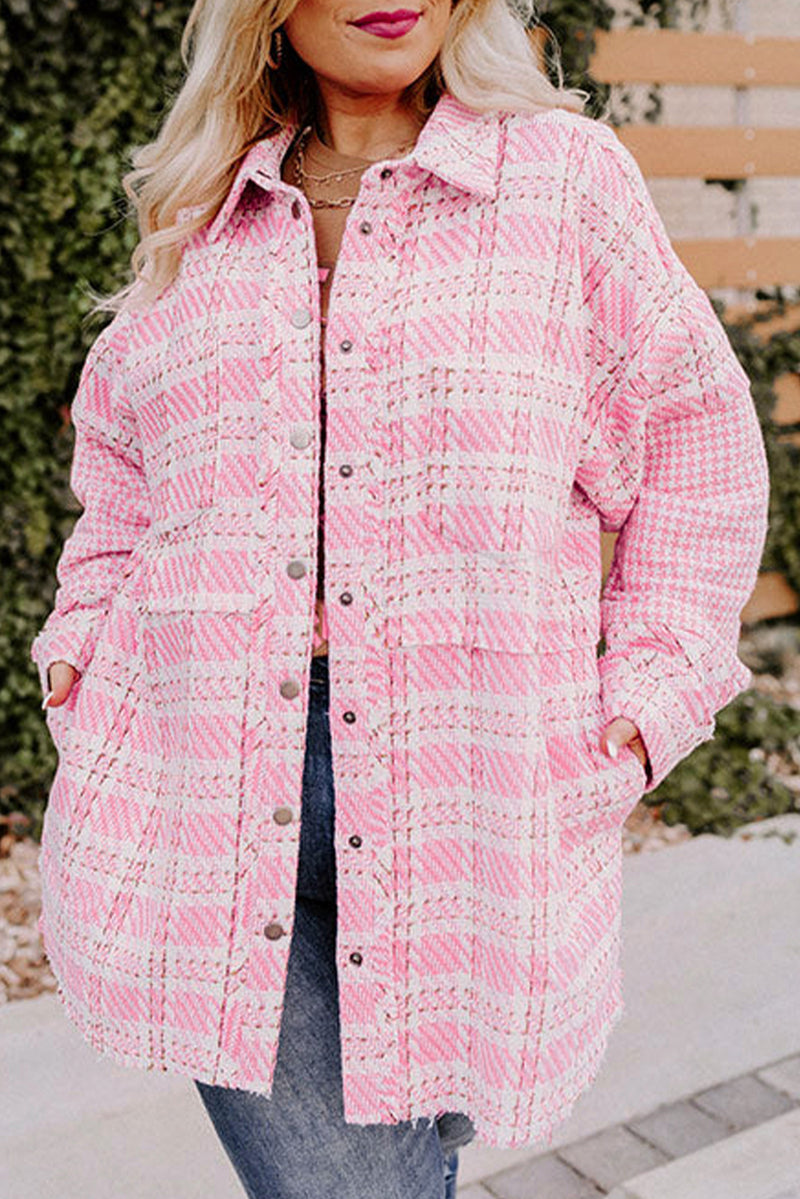 Pink Plus Size Tweed Plaid Houndstooth Print Jacket