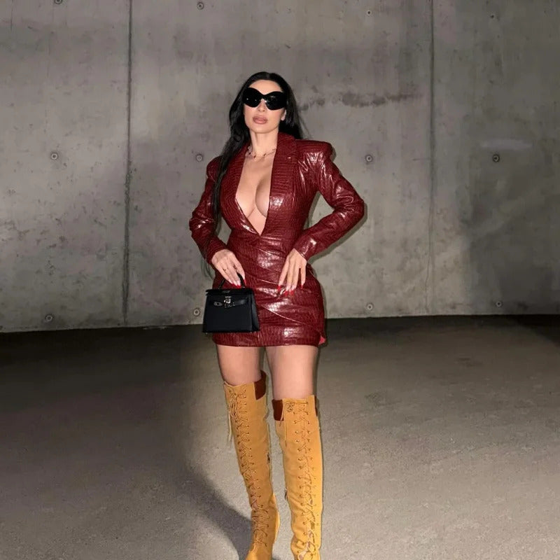 Women Sexy Deep V Red Lattice Leather Mini Dress Fashion Long Sleeve High Waist Fold Slim Dresses Lady New Highstreet Short Robe