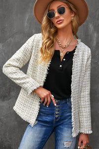 Frayed Slim-fit Open Front Plaid Jacket