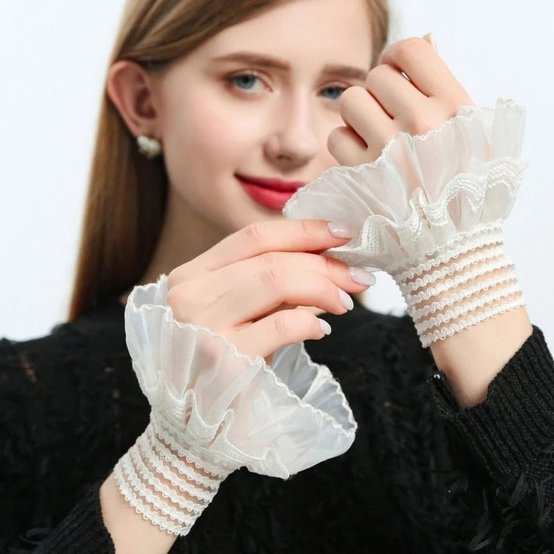 Female Sweater Fake Sleeves Hollow Out Crochet Floral Lace Horn Cuffs Embroidery Flounces Ruffles Elastic Wrist Warmers