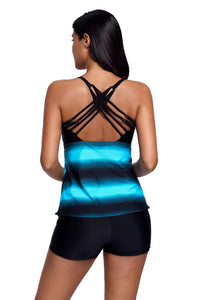 Bluish Strappy Hollow-out Back Tankini