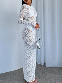 Sexy See-through Lace Flower Embroidery Slim Bodycon Long Dress Women Long Sleeved Maxi Dress Evening Club Party Vestidos