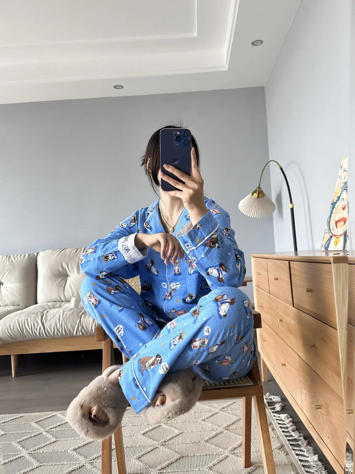 100% Cotton Pajamas for Women Loose Cartoon Long Sleeve Pants Loungewear Women 2 Piece Set Pj Women Outfit Sleepwear Set Pijamas