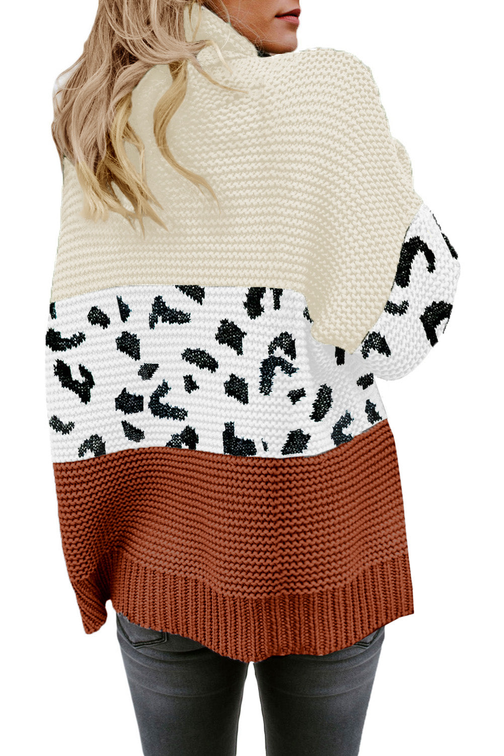 Apricot Turtleneck Splicing Chunky Knit Pullover Sweater