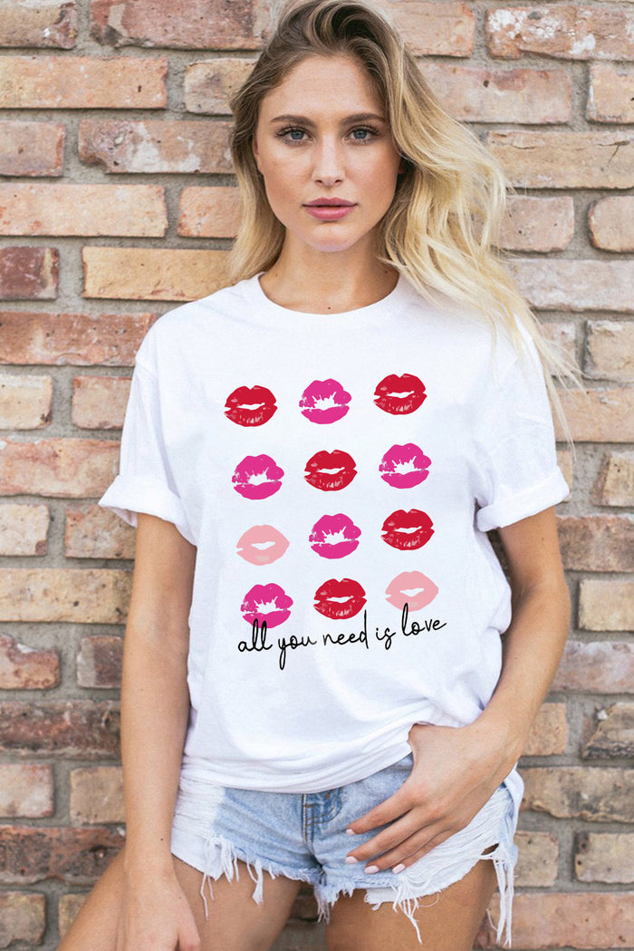 White all you need is love Valentines Kisses Graphic Tee