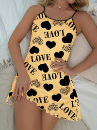 1 Piece Casual & Comfy Heart & Letter Print Nightdress, Lettuce Trim Sexy Slip Short Nightdress, Women's Sleepwear & Dresses