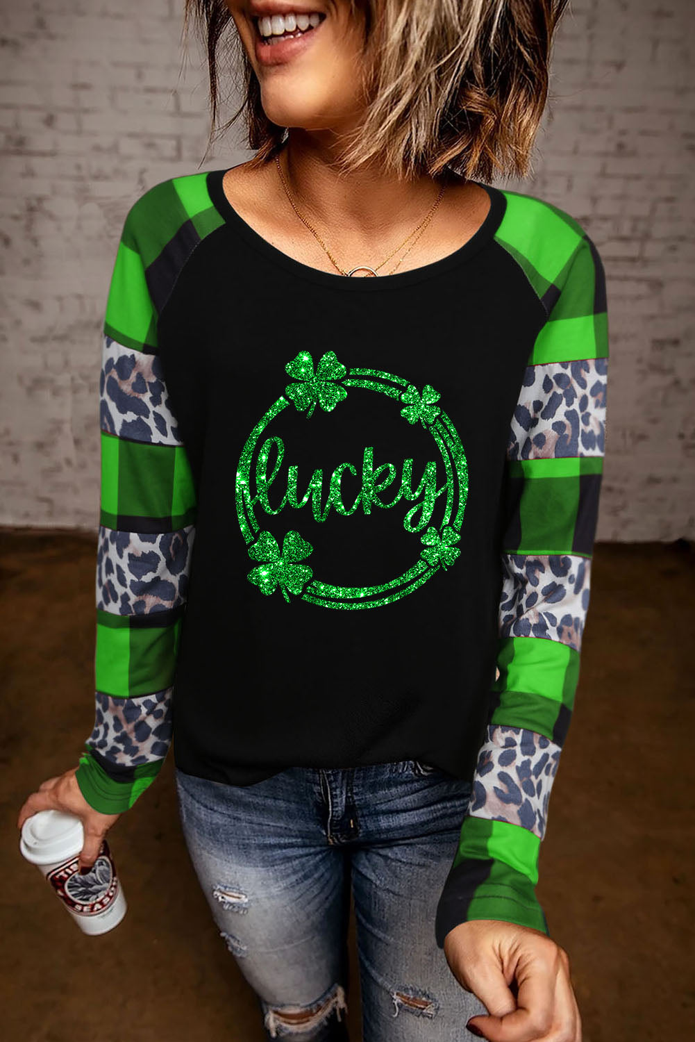 Green Lucky Clover Graphic Leopard Plaid Long Sleeve Top