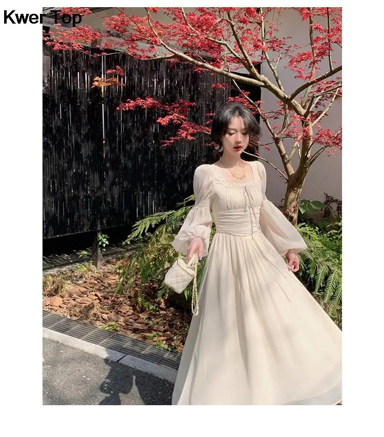 French Elegant Princess Evening Party Midi Dresses for Women Autumn Slim Bandage Long Sleeve Vestidos Korean Spring Clothes