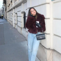 Luxury Brown Women's Fluffy Faux Fur Warm Short Coat Chic Lapel Collar Long Sleeve Furry Jacket Winter 2024 Lady High Streetwear