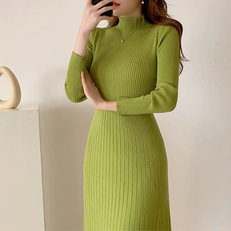 Autumn Winter 2023 Slim Long Sleeve Party Midi Dress for Women Knitted Half High Collar Elegant Knitted Sweater Dresses Ladies