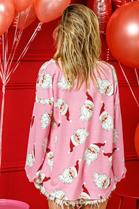 Pink Printed Christmas Santa Claus Lantern Sleeve Blouse