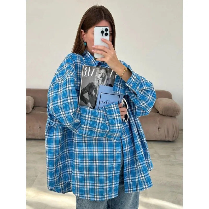 Clacive Fashion Baggy Plaid Women'S Blouse Elegant Lapel Long Sleeve Shirts And Blouses Vintage Pocket Lace-Up Top Female