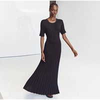 Elegant Knitted Ribbed Long Dress Women Slim Wave O-neck Short Sleeve Hip Package Dresses Female 2024 Summer Lady  Robe