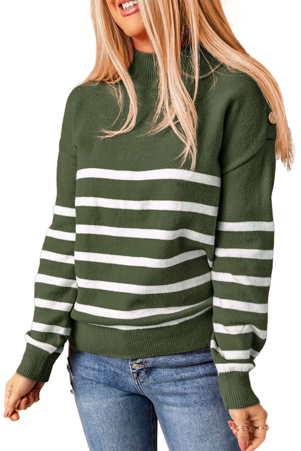 Green Striped Turtleneck Long Sleeve Sweater with Buttons