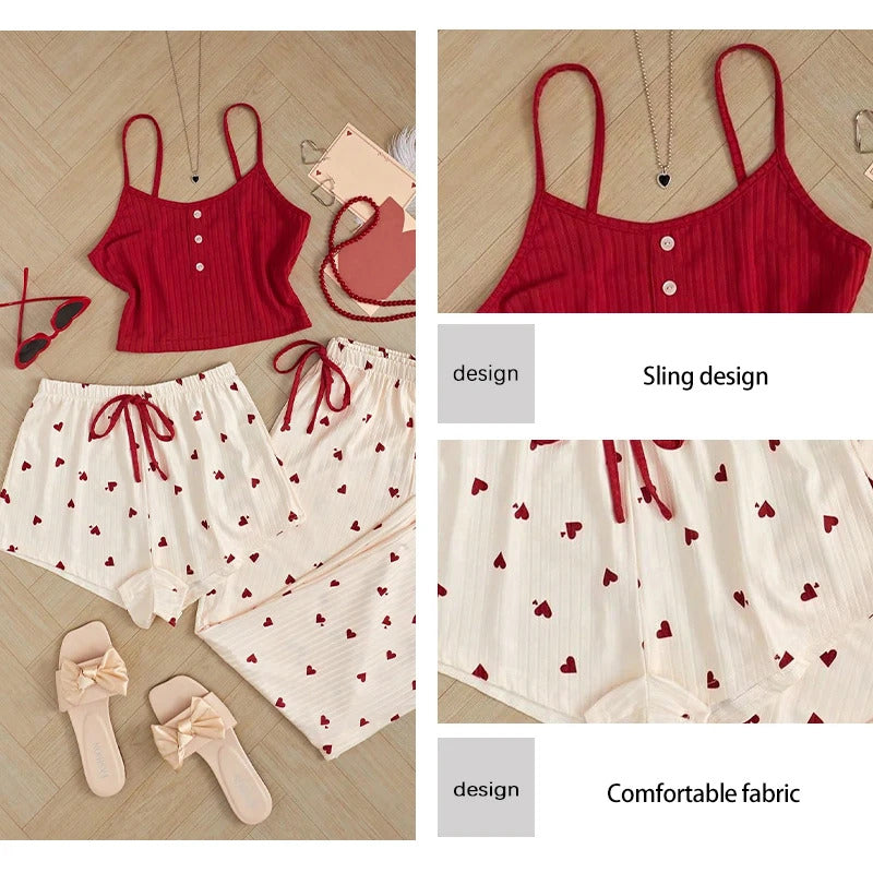 Three Piece Printed Vest Shorts and Bow Drawstring Pants Casual Women's Cute Heart-Shaped Print Paired with Home Pajamas Set