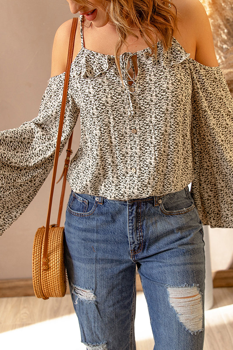 Animal Print Frilled Cold Shoulder Bell Sleeve Blouse