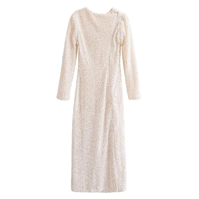 Elegant Sequined Detachable Sleeve Dresses Women Shiny O Neck Long Sleeve Split Party Long Dress 2024 New Lady Glitter Robes