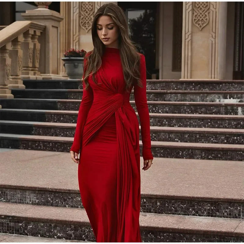 Burgundy  Sexy Pleated Lace Up Long Dress Lady Fashion Round Neck Slim Fit Long Sleeved Evening Gown 2024 New Chic Outfits