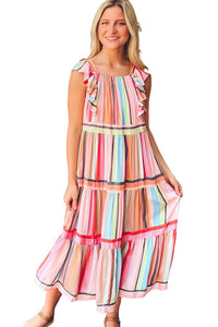 Women's Rainbow Stripe Ruffles Ruched Tiered Dress