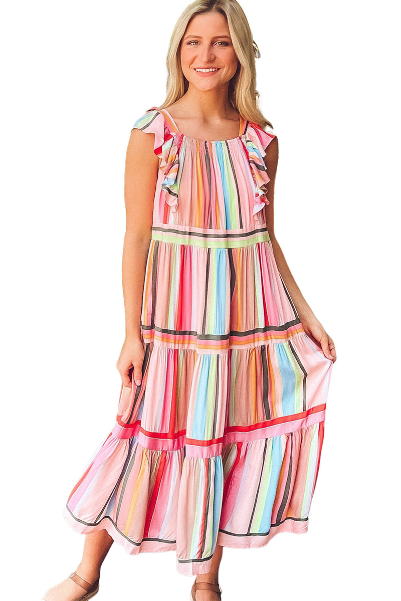 Women's Rainbow Stripe Ruffles Ruched Tiered Dress