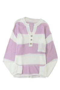 Pink Striped Knit Button Ribbed Split Neck Sweater