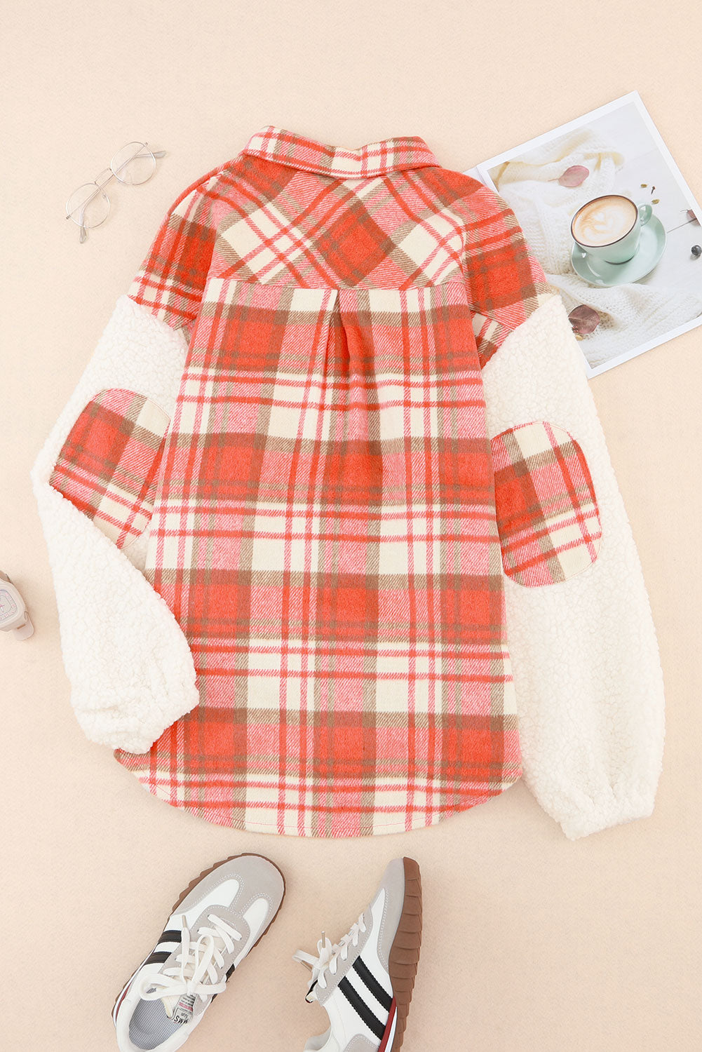 Fiery Red Sherpa Sleeve Plaid Print Shacket