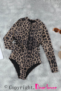 Green Leopard Print Zipper Cut-out Rash Guard Swimsuit