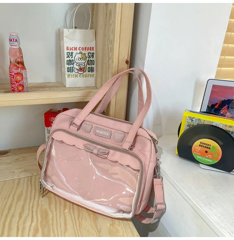 Japanese Cute Transparent Canvas Itabag Fashion Girls One Shoulder Bag Student Personality Crossbody Bag with Badge Doll Ita Bag