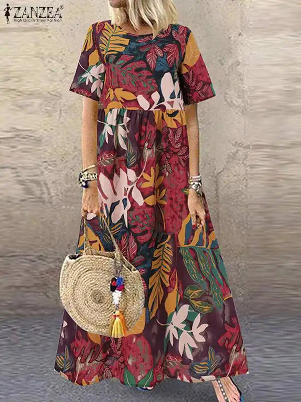 ZANZEA 2023 Vintage Printed Dress Women's Summer Sundress Casual Short Sleeve Maxi Vestidos Female O Neck Floral Robe Femme