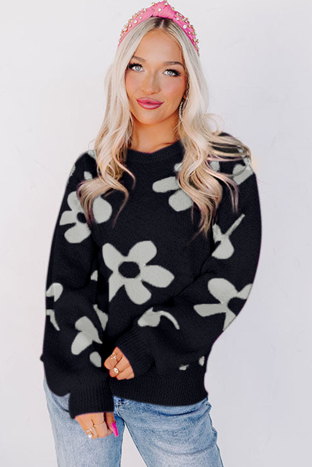 Black Big Flower Knit Ribbed Trim Sweater