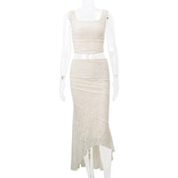 WhereMery Aesthetic Square-neck Bandage Backless Tank Top With Lace Texture Mesh See-through Party Long Skirts Club Outfit