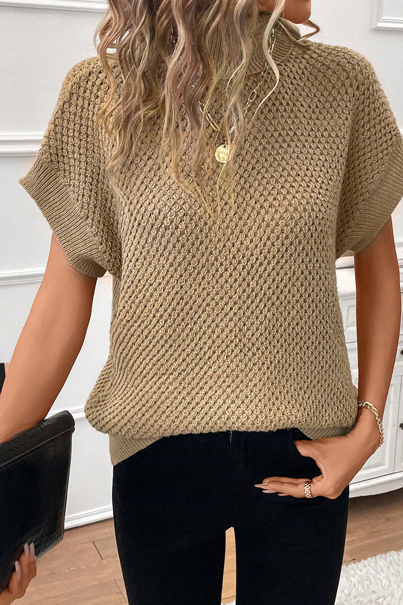 Pale Khaki Turtleneck Textured Short Sleeve Sweater