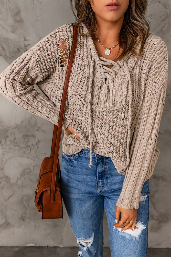 Lace Up V Neck Ripped Slouchy Sweater