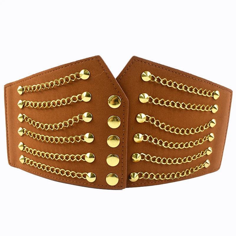 Deepeel 64cm PUNK Women's Corset Wide Belt Woman Cummerbunds Elastic Belts Chain Rivet Waistband Female Dress Coat Accessories