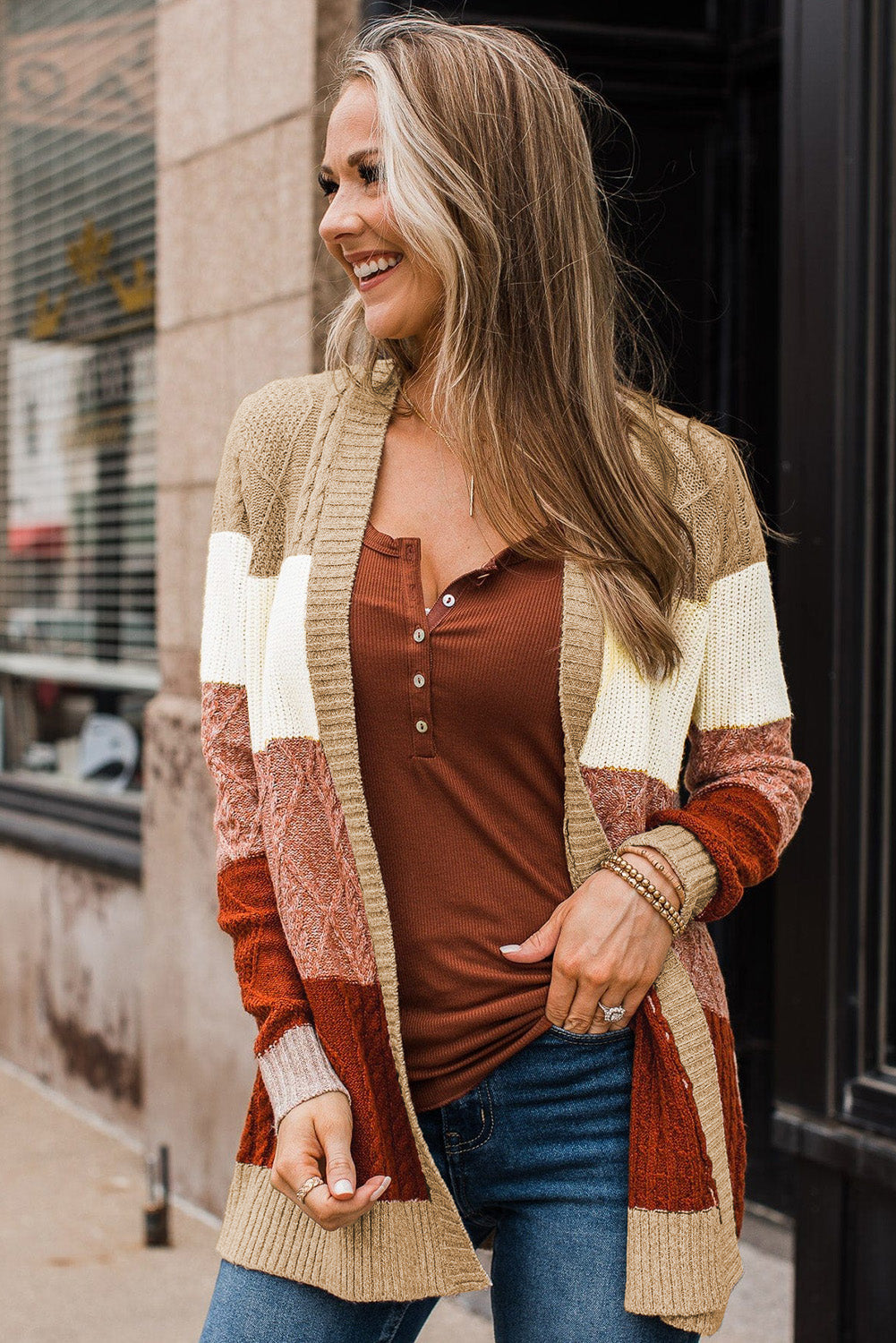 Khaki Color Block Long Sleeve Open Front Cardigan Sweater