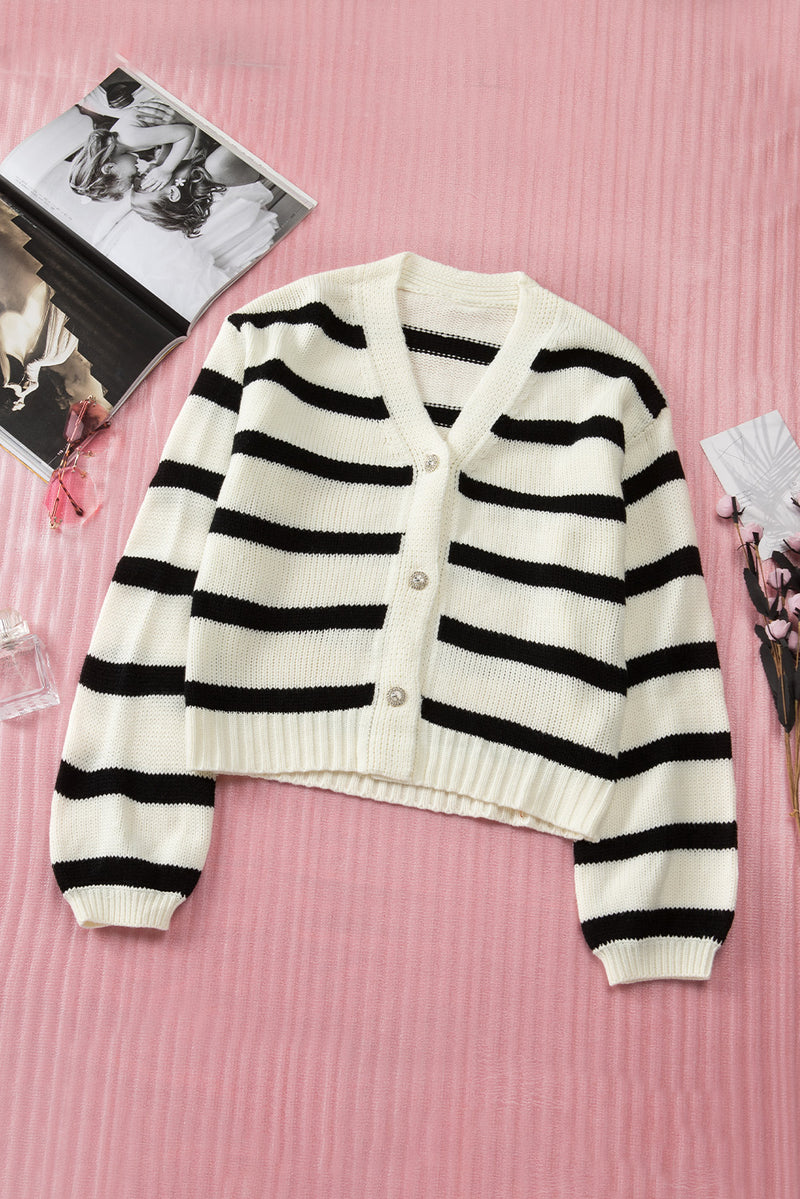 Striped V-Neck Buttoned Open Front Knitted Sweater