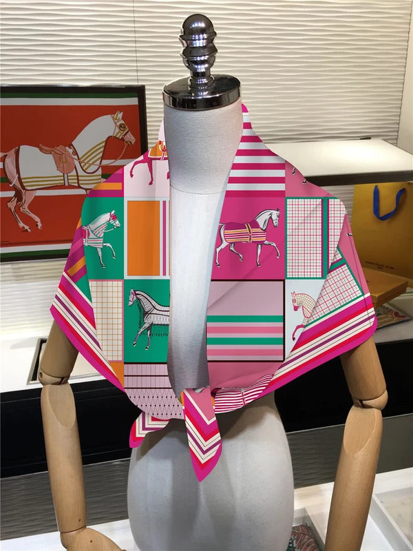 90cm Classic Checkered Horse Brand Square Scarf Women Twill Silk Scarf Shawl Hijab Luxury Bandana Foulard Neckerchief Head Scarf