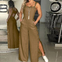 Summer Fashion Womens Sleeveless Jumpsuit Rompers Ladies Solid Wide Leg Button Openings Long Trousers Suspenders Overalls Pocket