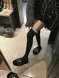 Socks Woman Autumn/Winter Solid Color Thigh High Lace Cute Lolita Thick Warm Stockings Black White Long Leg Socks for Women