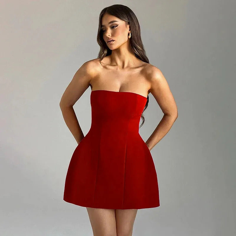 TARUXY Sleeveless Sexy Strapless Mini Dress Solid Patchwork High Waist Summer Fashion Female Bodycon Plunge Vacation Dress New