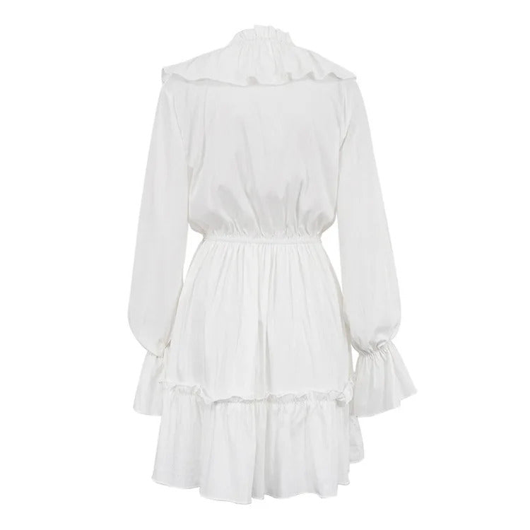 Ruffled V-Neck White Mini Dresses Female Patchwork Long Sleeve Elegant Bandage Fashion Dress High Waist Lace-Up Women's Vestidos