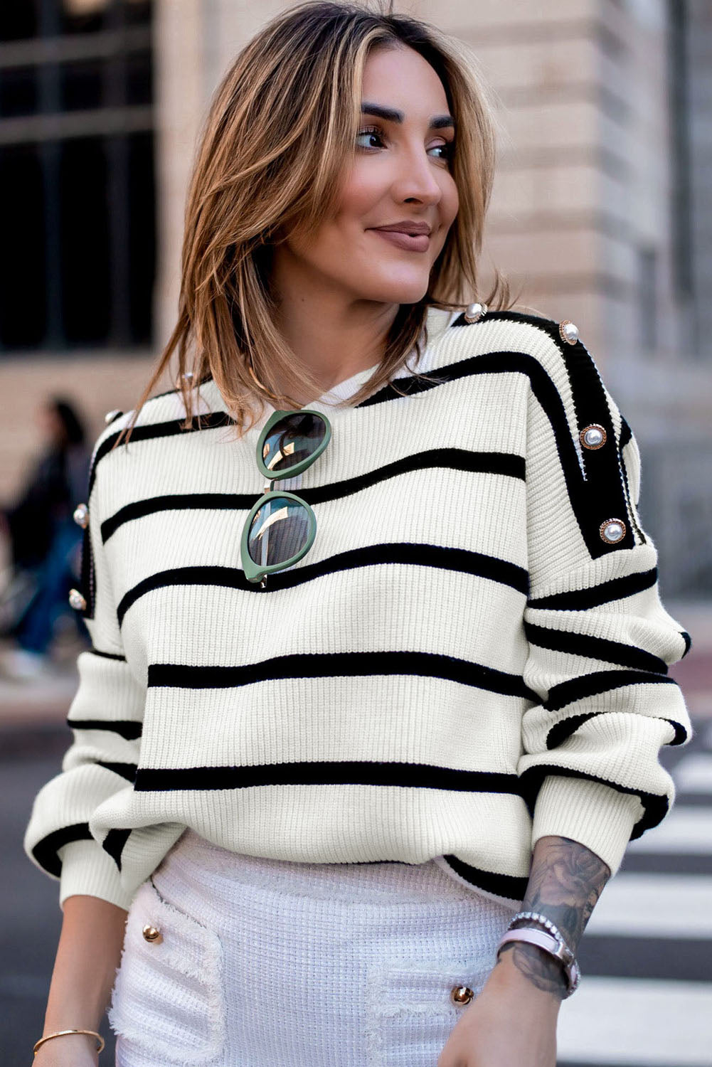 Stripe Buttoned Decor Sweater